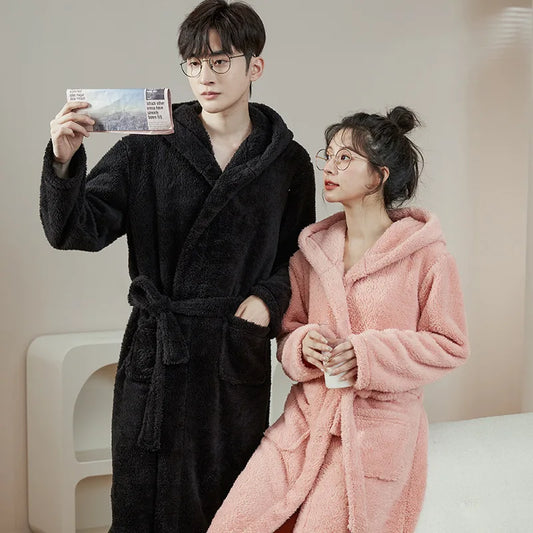 Bathrobe Woman Shower Couple Pyjamas Nightgown Women Homewear Hooded Men Winter Thickened Long Flannel Suit Easy to Clean Black-belleandkai.com