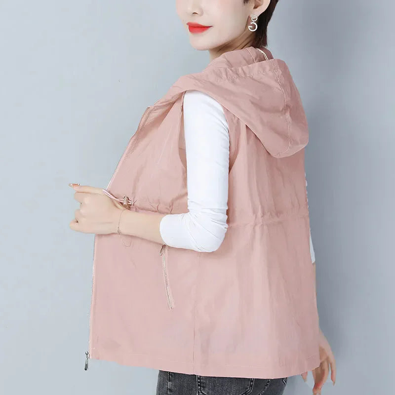 Thin Summer Women's Vest Jacket 2025 New Short Hooded Sleeveless Coat Female Solid color Casual Liner Waistcoat Jackets Tops-belleandkai.com