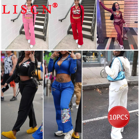 10 Bulk Items Wholesale Lots Tracksuits 2024 Printing 2 Piece Set Women Outfits Long Sleeve Zipper Hooded Jacket + Pant K12654_2-belleandkai.com