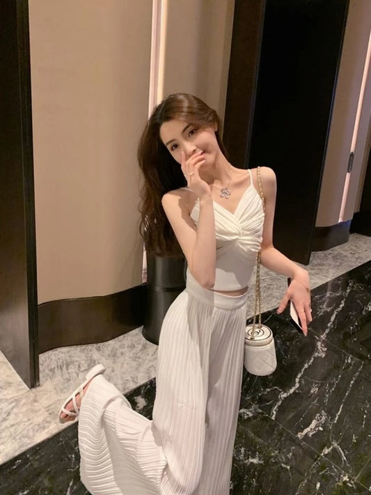 Wide Leg Pant Sets for Women 2 Pieces Aesthetic Korean Style Clothing Trend 2025 Cheap Classy Sales  Slings and Trousers Woman-belleandkai.com
