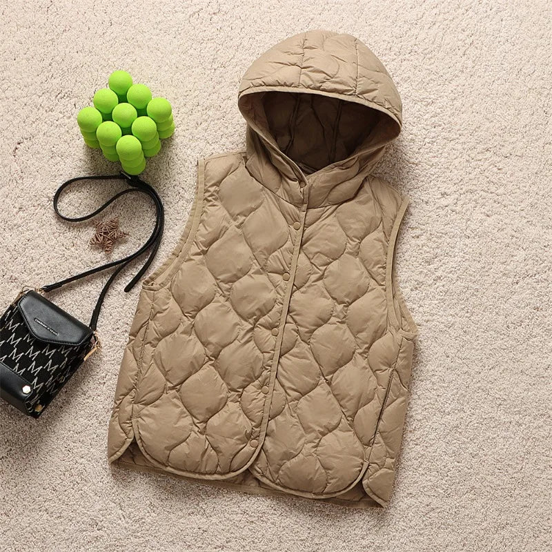 2024 New Arrivals Women Fashion Ultralight Thin Hooded Down Jackets Spring Winter Female Korean Slim Fit Sleeveless Puffer Coat-belleandkai.com
