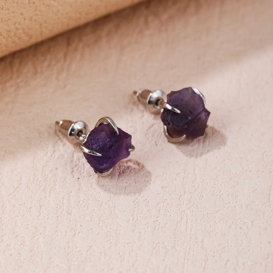 BOROSA New Arrival Silver Color Rough Natural Amethyst Earrings Claw Setting Crystal Stone Stud Earrings Women GH013-belleandkai.com