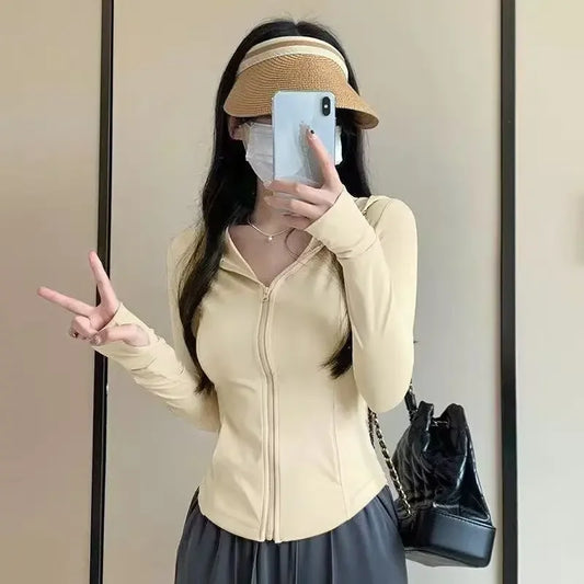 Women's Summer Zipper Sun Protection Clothing Slim Fit Yoga Jacket Hooded Light Weight Cross-Border UV Protection Open Cardigan-belleandkai.com