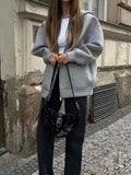TRAFZA Autumn Women Gray Jacket With Hood Long Sleeve Big Pocket Zipper Jacket Coat Woman Loose Casual Outerwear Coat Tops-belleandkai.com