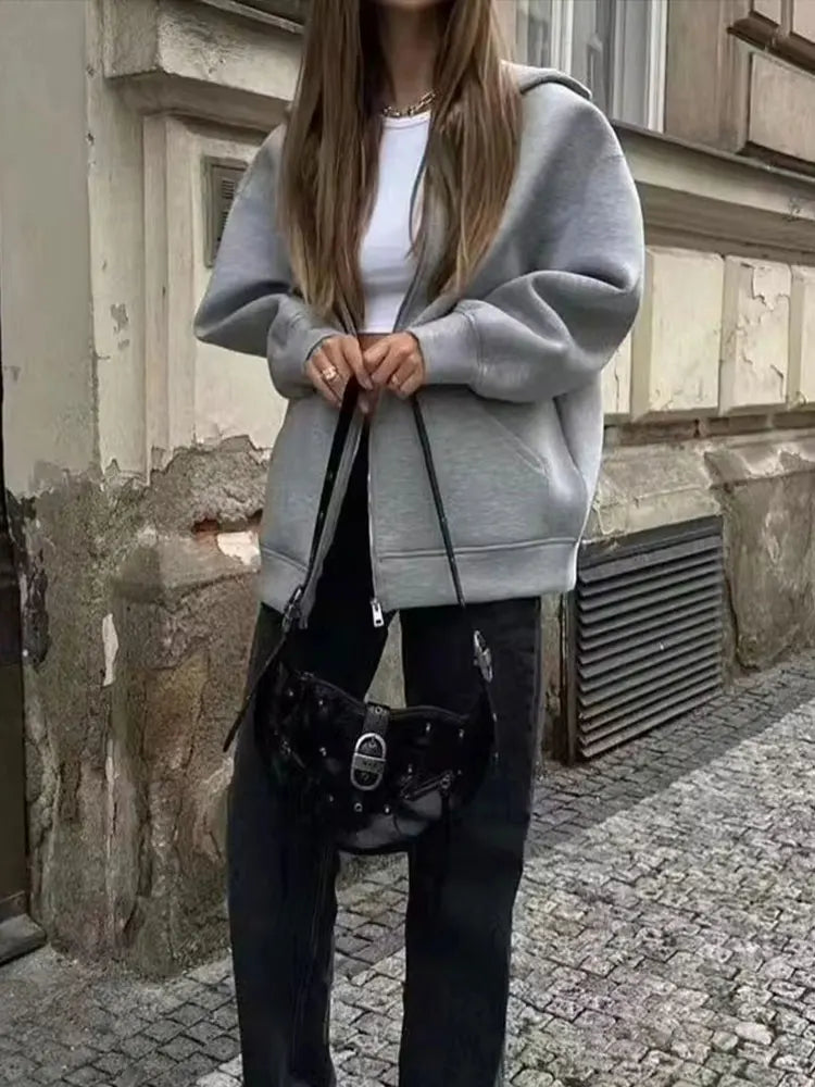 TRAFZA Autumn Women Gray Jacket With Hood Long Sleeve Big Pocket Zipper Jacket Coat Woman Loose Casual Outerwear Coat Tops-belleandkai.com
