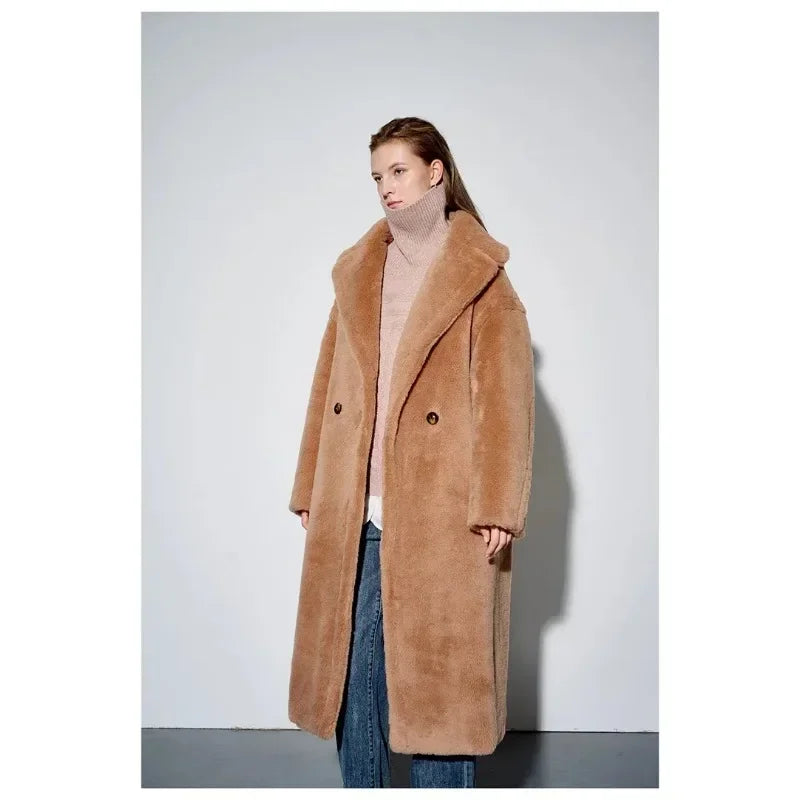Top Quality New Teddy Coat Women, Luxury Genuine Fur 62% Alpaca 26% Wool 12% Silk, Winter Warm Long Teddy Coat Jacket for Women-belleandkai.com