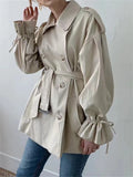 REALEFT 2023 New Autumn Winter Khaki Minimalist Women's Trench Coat Sashes Windbreaker Loose Flare Sleeve Double Breasted Trench-belleandkai.com