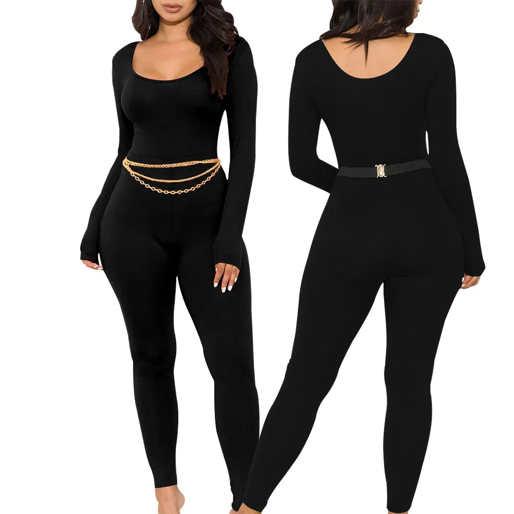 Sexy fashion solid color U-neck tight women's jumpsuit JX5634-belleandkai.com