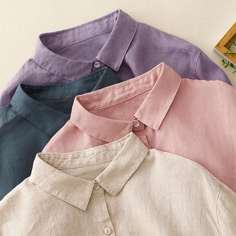 Cotton shirt female spring and autumn new fashion Japanese literature elegant solid color versatile long-sleeved casual blouse-belleandkai.com