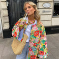 UNIZERA 2023 Autumn New Product Women's Fashion Versatile Round Neck Stripe Spliced Print Retro Quilted Cotton Coat-belleandkai.com