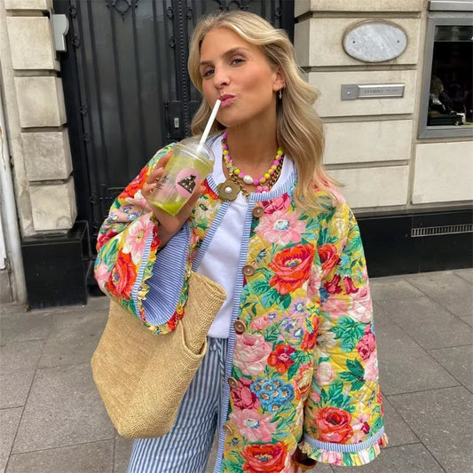 UNIZERA 2023 Autumn New Product Women's Fashion Versatile Round Neck Stripe Spliced Print Retro Quilted Cotton Coat-belleandkai.com