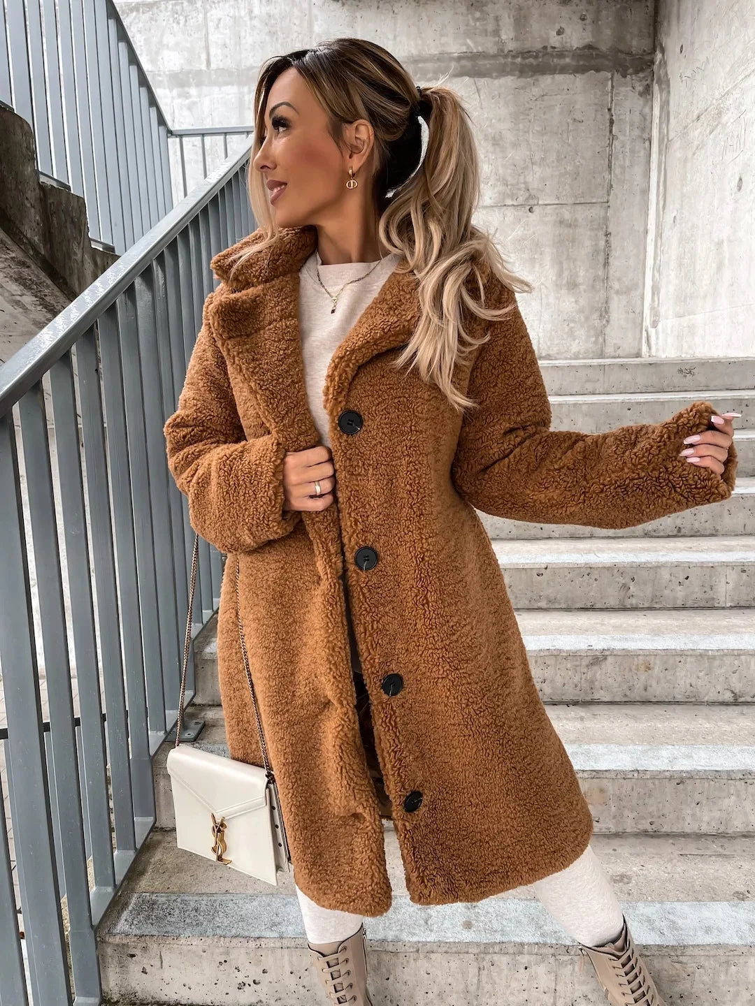 Autumn and winter cross-border women's clothing hot item: furry long sleeved lapel women's plush top long coat-belleandkai.com