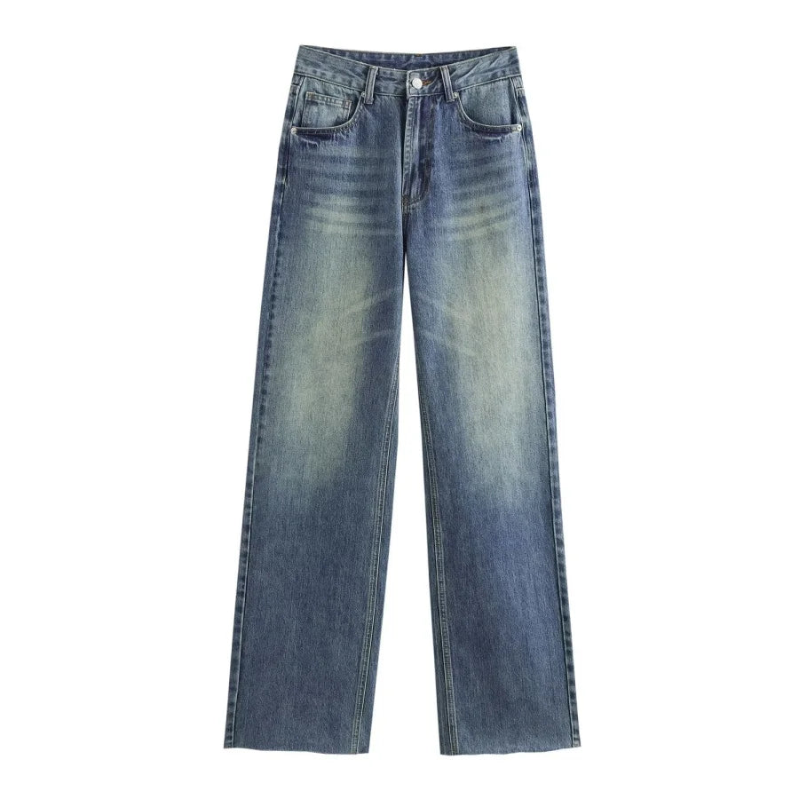 TRAF Wide-leg high-waisted jeans  women's classic everything with five pockets washed soft comfortable ultra-long jeans6045022-belleandkai.com