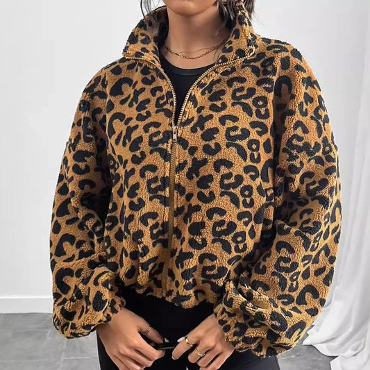 Flash Fleece Loose Cardigan Zipper Leopard Print Plush Autumn Winter New Arrival Women's Outerwear Thickened Long Sleeve Coat-belleandkai.com