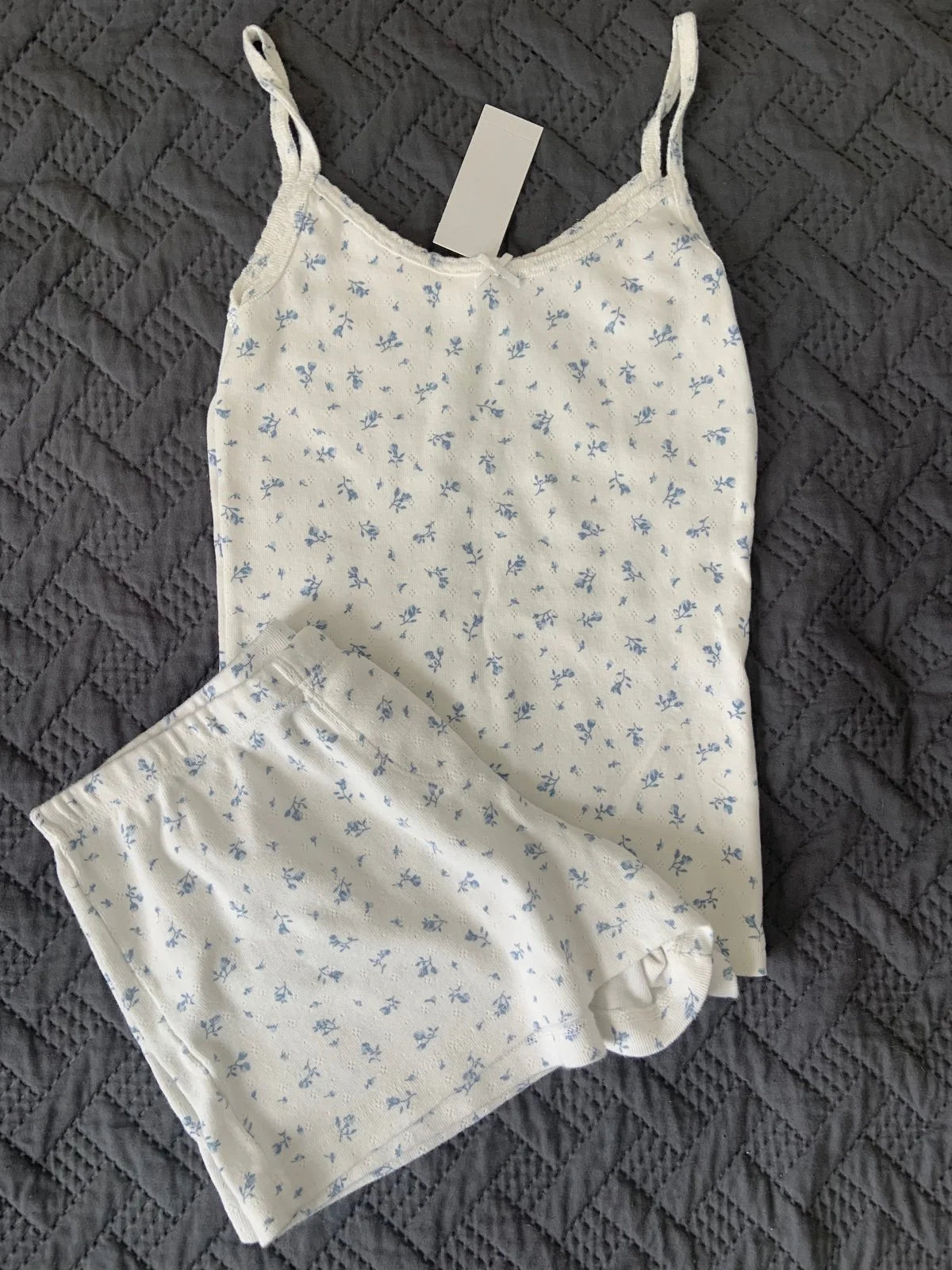 Strawberry Vest Shorts 2 Pieces Set Woman Eyelet Bow Slim Tank Top with Elastic Waist Patchwork Straight Short Pant Sweet Sets-belleandkai.com