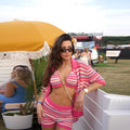 Pink Striped Knit Bikini 3 Piece Lace Up Halter Mini Shorts Cardigan Coat Set 2025 Fashion Autumn Women's Music Festival Costume-belleandkai.com