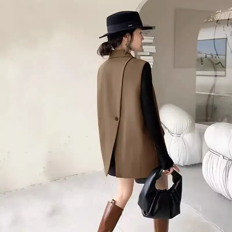 Vintage Sleeveless Blazer Vest Fashion OL Casual Lapel Suit Blazer 2025 Summer Women Office Double Breasted Suit Coats-belleandkai.com