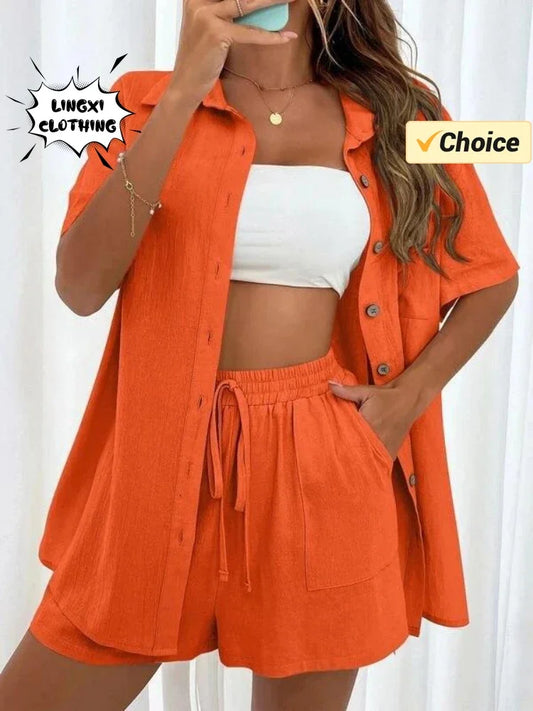 2024 Summer Fashion Sports Casual Cotton Linen Two Piece Set for Women's Single Breasted Shirt Elastic Waist Short Two Piece Set-belleandkai.com