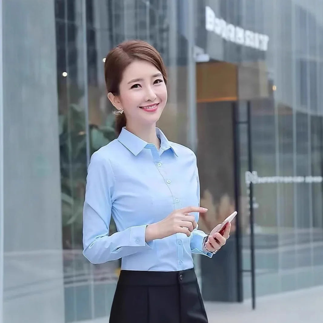 Slim Fit Workwear Shirt Women's Formal Long Sleeve Blue White Spring Summer Autumn Office Uniform Polo Collar Button Decoration-belleandkai.com