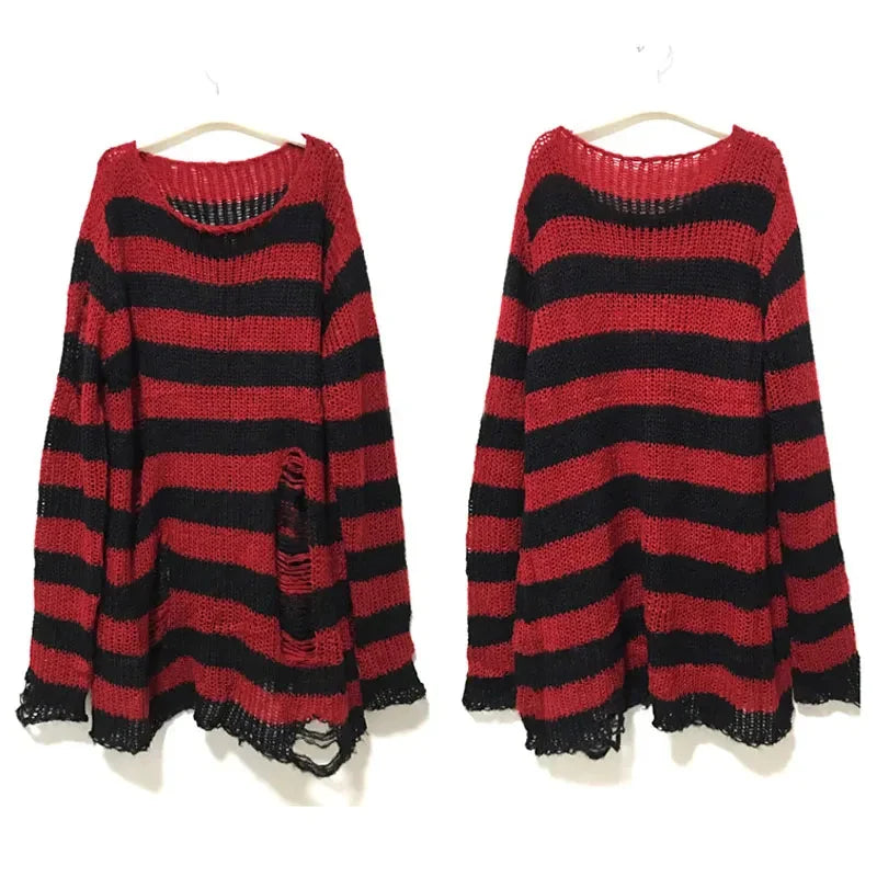 New Autumn Punk Gothic Long Unisex Sweater Women Striped Cool Hollow Out Hole Broken Jumper Loose Rock Thin Dark Streetwear Top-belleandkai.com