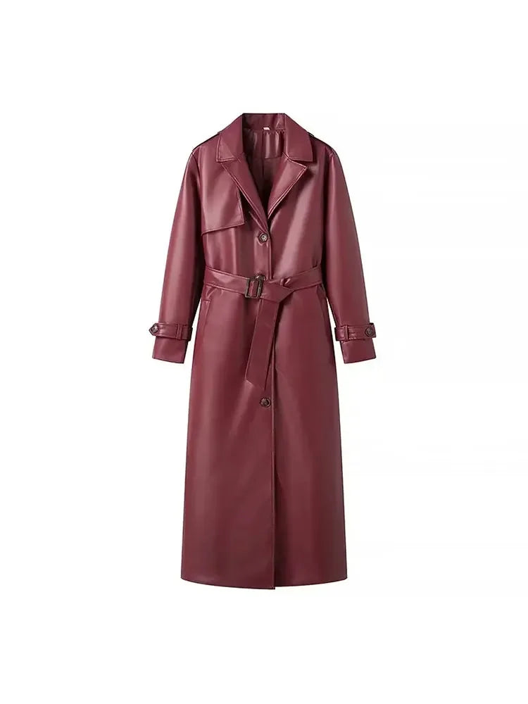 2025 Women New Fashion With Belt Long style Single Breasted Faux Leather Coat Vintage Long Sleeve Pockets Female Outerwear-belleandkai.com
