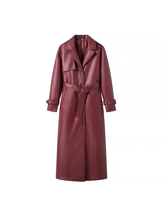 2025 Women New Fashion With Belt Long style Single Breasted Faux Leather Coat Vintage Long Sleeve Pockets Female Outerwear-belleandkai.com