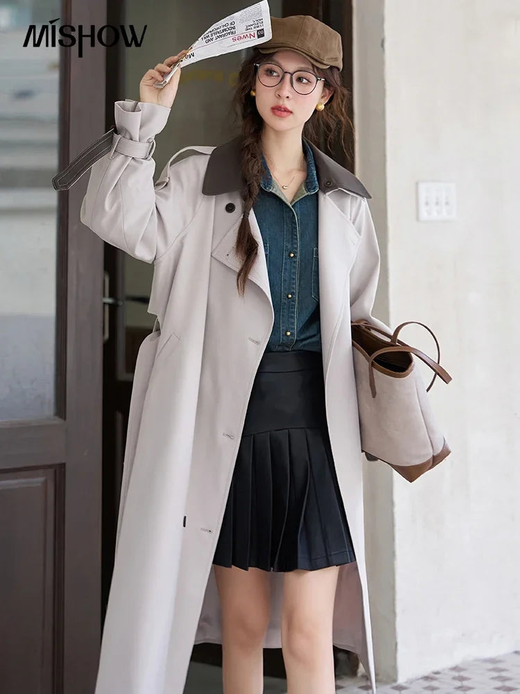 Women's Trench  Detachable Double Layer Leather Collar Solid Loose Double Breasted  A-LINE Coats-belleandkai.com