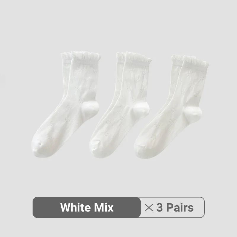 Women White Cream Lace Stackable Mid Calf Socks Bow Heart Star Design K-Style Spring Summer Thin Socks-belleandkai.com