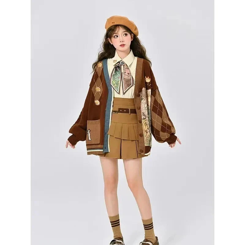 Vintage Harajuku Knit Cardigan Aesthetics Print Y2k Clothes V-neck Sweater Long Sleeve Coats College Style Streetwear Design-belleandkai.com