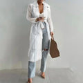 Elegant Shirts Trench Coat for Women Fashion See Through  Lace Up Spring Solid Sheer Mesh Long Sleeve Buttoned Coat with Belt-belleandkai.com