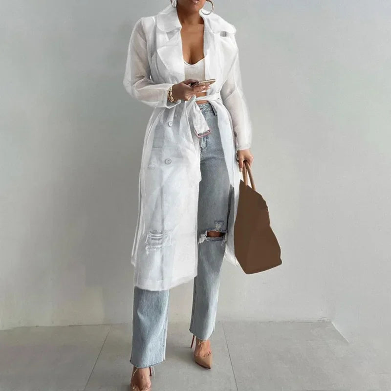 Elegant Shirts Trench Coat for Women Fashion See Through  Lace Up Spring Solid Sheer Mesh Long Sleeve Buttoned Coat with Belt-belleandkai.com