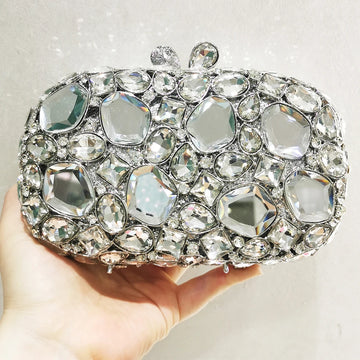 WHTUOHENLarge Silver Stones Wedding Dress Purses Women Bridal Crystal Handbags Rhinestone Party Prom Evening Clutches Minaudiere-belleandkai.com