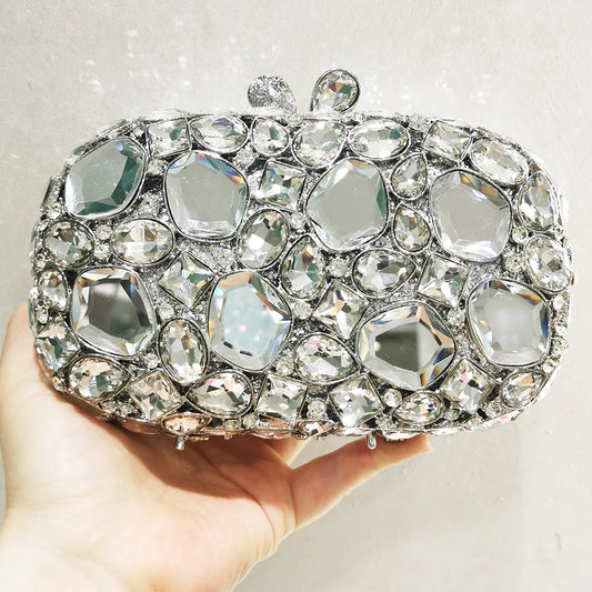 WHTUOHENLarge Silver Stones Wedding Dress Purses Women Bridal Crystal Handbags Rhinestone Party Prom Evening Clutches Minaudiere-belleandkai.com