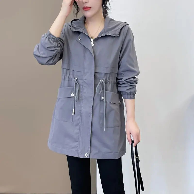Women Windbreaker Jackets 2025 New Autumn Winter Mid-Length Loose Coat Hooded Lace-up Female Jacket Plus Velvet Warm Outwear Fe-belleandkai.com