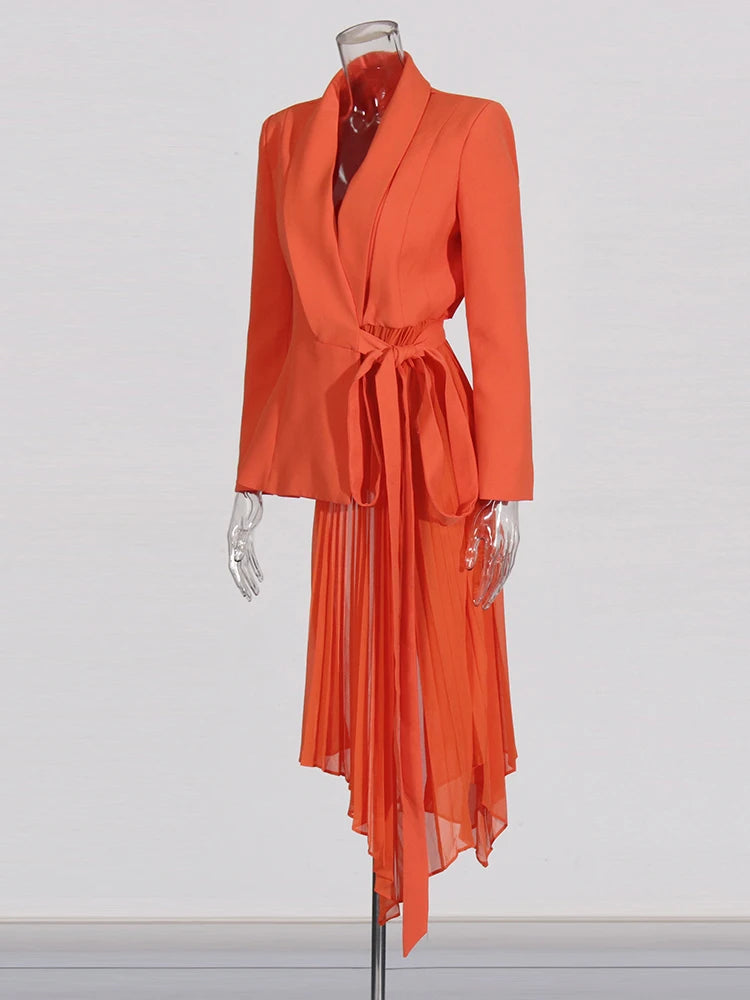 Designer Solid Spliced Ruffles Blazer For Women Notched Collar Long Sleeve Patchwork Lace Up Slim Runway Coat Female Fashion-belleandkai.com