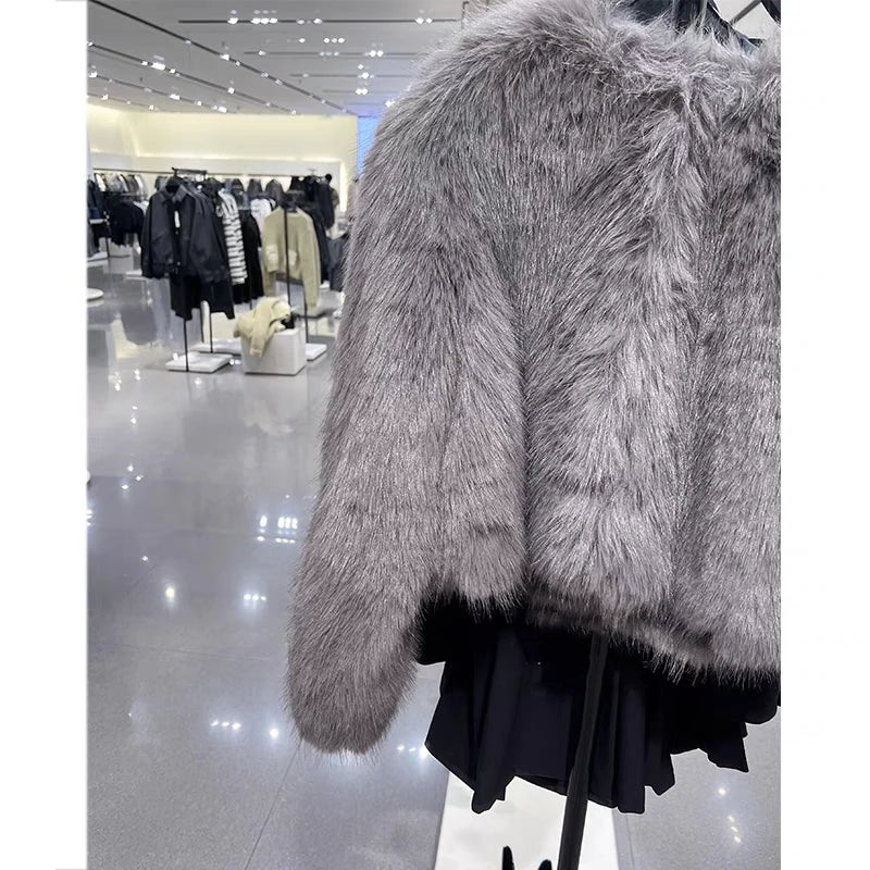 Spring Women's Cardigan Jacket Round Neck Pocket Fur Coat Solid Loose Suede Jacket Streetwear Vintag Outerwear-belleandkai.com