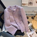 Purple Tweed Jacket Women Vintage O-Neck Metal Single Breasted Cropped Coat Autumn Winter Korean Style Elegant Jackets for Women-belleandkai.com