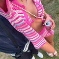 Pink Striped Knit Bikini 3 Piece Lace Up Halter Mini Shorts Cardigan Coat Set 2025 Fashion Autumn Women's Music Festival Costume-belleandkai.com