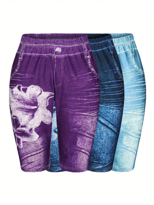 3-Piece Set Of Lily Flowers New Fashionable Denim Inspired Slim Fitting Shorts Women's Casual Leggings High Elasticity-belleandkai.com