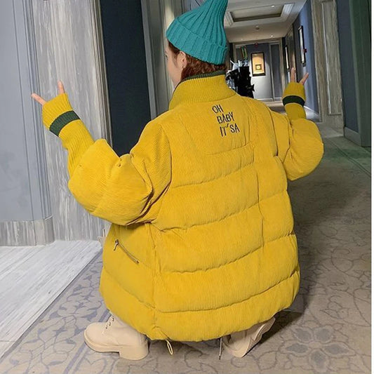 Gidyq Women Corduroy Padded Down Jacket Korean Fashion Letter Embroidery Padded Warm Coats Winter Casual Female Loose Outerwear-belleandkai.com