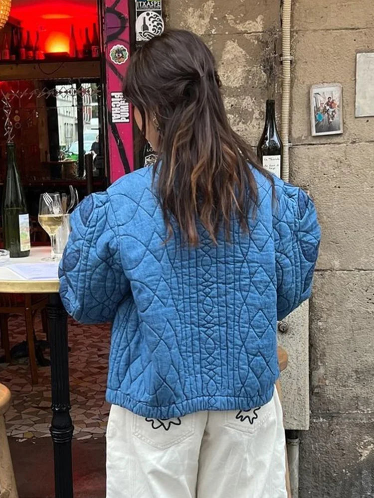 Casual Solid Printed Padded Women Jacket O-neck Full Sleeves Lady Coat 2024 Fashion Autumn Covered Button Female Loose Outwear-belleandkai.com