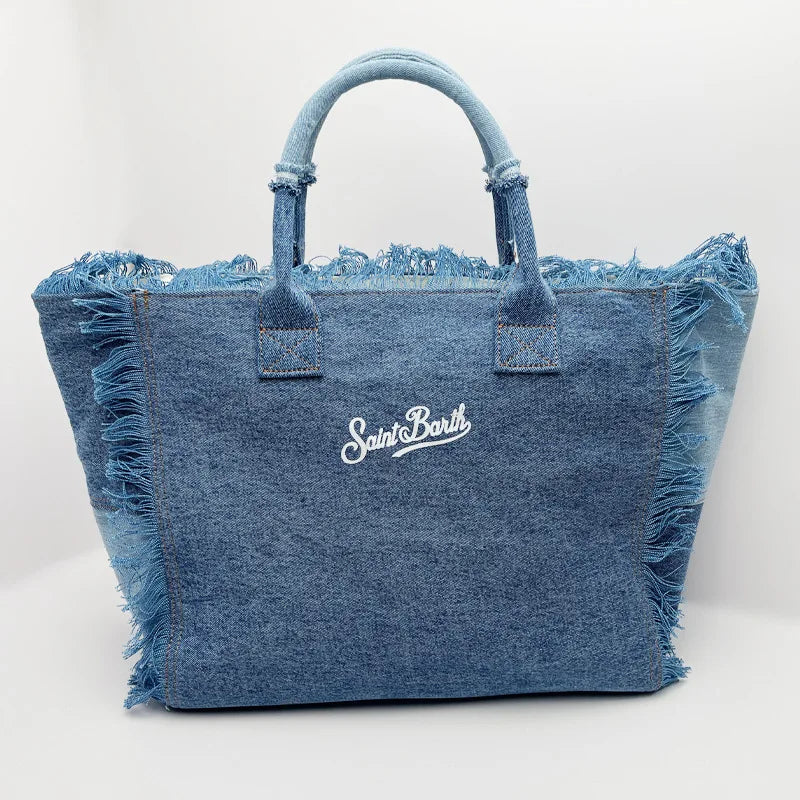 Saint Barthes European and American New Women's Large Capacity Leisure Travel Cowboy Blue Handmade Tassel Handbag-belleandkai.com