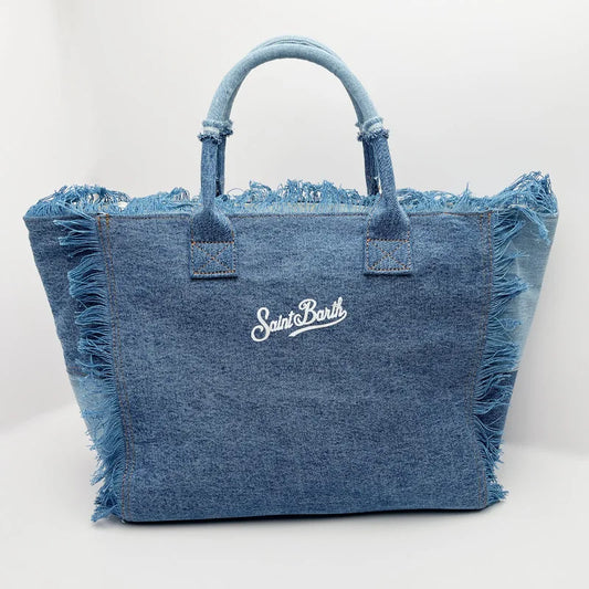 Saint Barthes European and American New Women's Large Capacity Leisure Travel Cowboy Blue Handmade Tassel Handbag-belleandkai.com