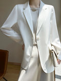 Women Blazers Spring Summer New Fashion Korean Silk Satin Suit V-neck Loose Top Jacket Single Button Suit Blazers Outerwear-belleandkai.com