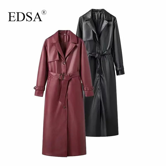 EDSA Women Luxury Faux Leather Jacket Coat with Belt for Autumn Winter Loose Long Windbreaker Trench Vintage Outerwear-belleandkai.com