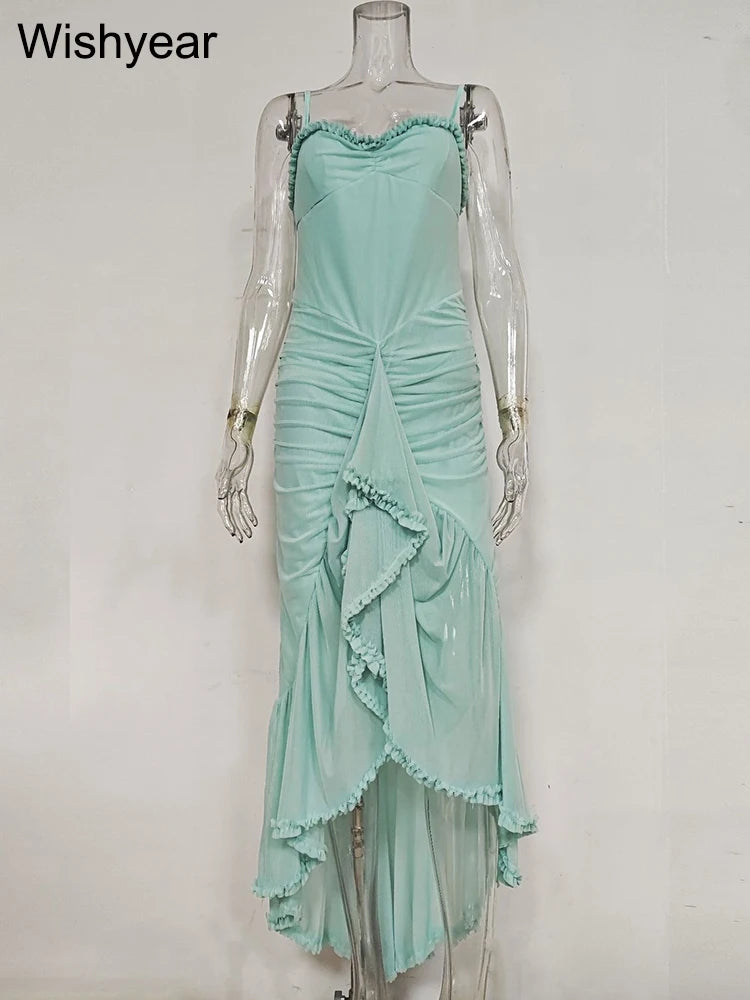 Wishyear Women Sexy Spaghetti Strap Ruffle Irregular Bodycon Long Dress Elegant Boho Beach Party Evening Prom Birthday Vestidos-belleandkai.com