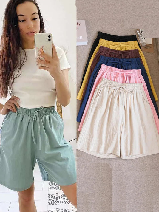 2024 Women Cotton Shorts,Summer Casual Solid Two Pockets shorts high waist loose shorts for girls Soft Cool female shorts-belleandkai.com