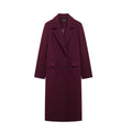 TRAFZA Women Fashion Burgundy Woolen Coat Double Breasted Long Sleeve Lapel Blends Jacket Autumn Winter High Street Outerwear-belleandkai.com