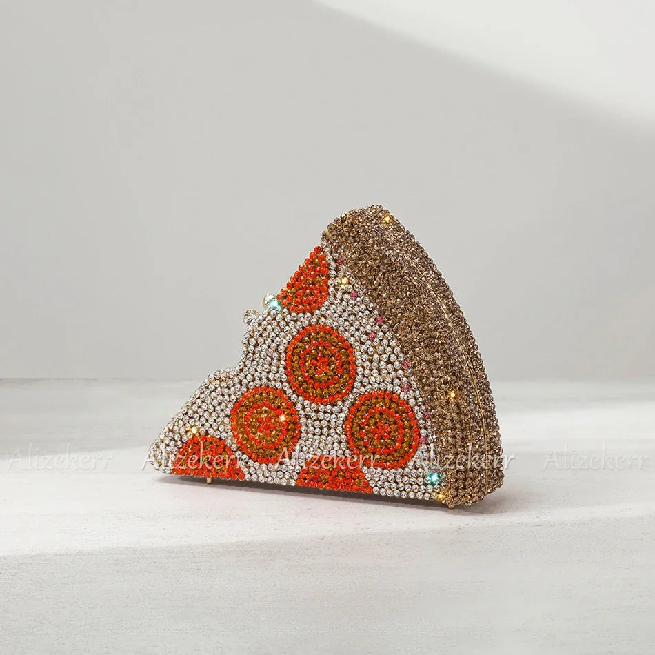 Alizekerr Pizza Shaped Diamond Evening Clutch Bags 2024 New Gorgeous Unique Metallic Watermelon Rhinestone Purses Wedding Party-belleandkai.com