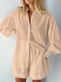 Women Jacquard Puff Sleeves Two Piece Sets for Summer Fashion Loose Shorts and Long Sleeved Shirt Outfits-belleandkai.com